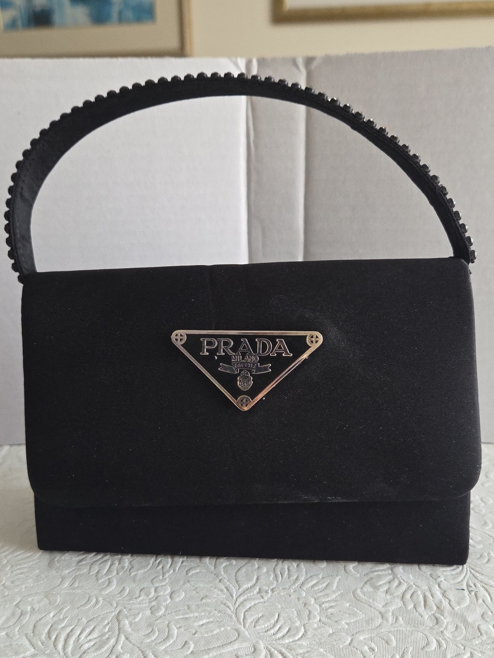 Designer Inspired Black Satin Top-Handle Evening Bag